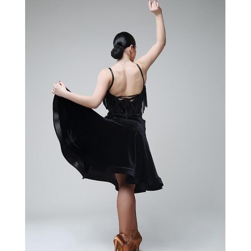 Velvet black backless latin dance dress fringe women latin dress dancing clothes Dancewear dress latina salsa latin dance costumes